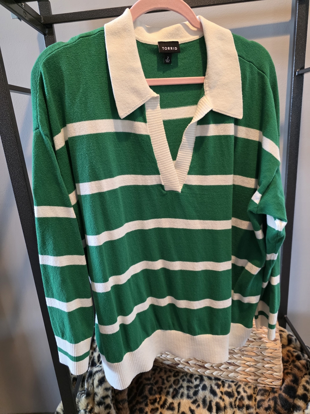 Torrid Green & White Striped Rugby Sweater